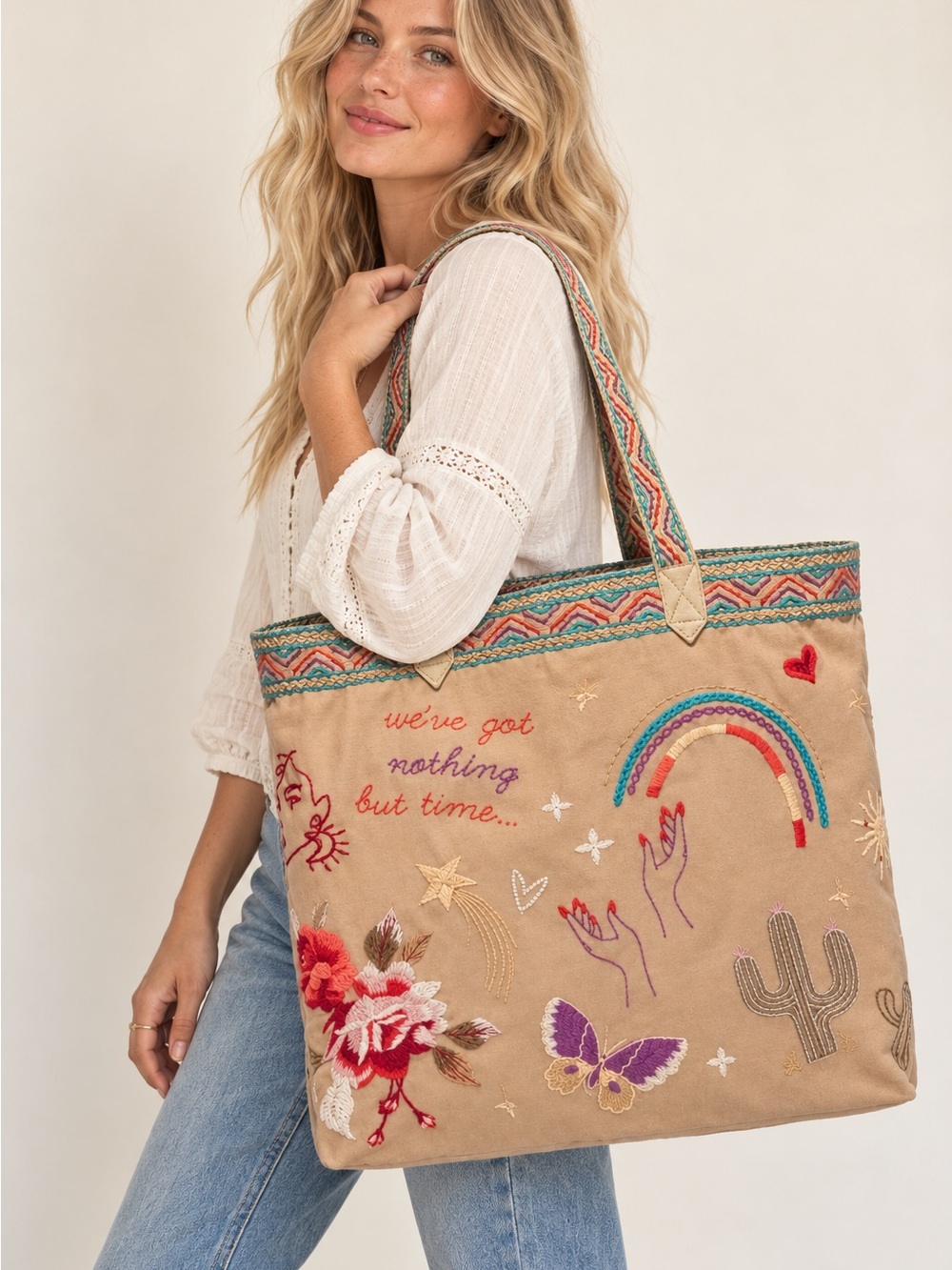 Johnny Was Monroe Every Tote in Tan with Embroidered Rainbow & Flowers